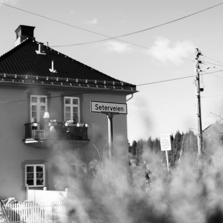 Gateskilt og hus i nabolaget